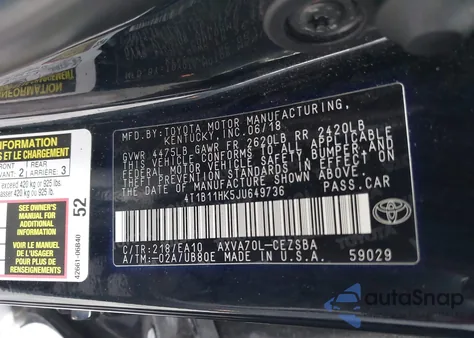 2018 Toyota Camry Se из США, поврежденный, VIN 4T1B11HK5JU649736